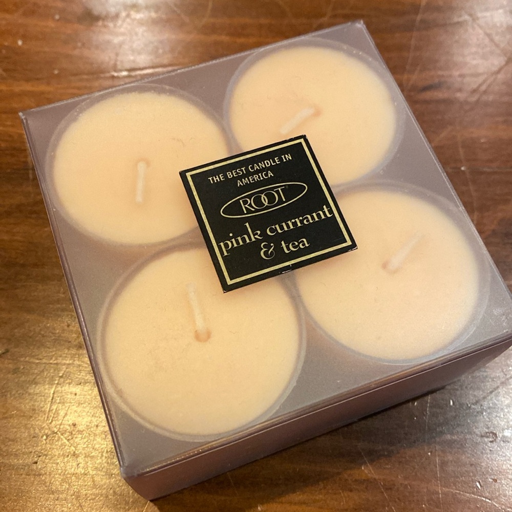 NIP ROOT TeaLight Candles Transparent Cup Set of 4 Pink Currant & Tea 4 Hours